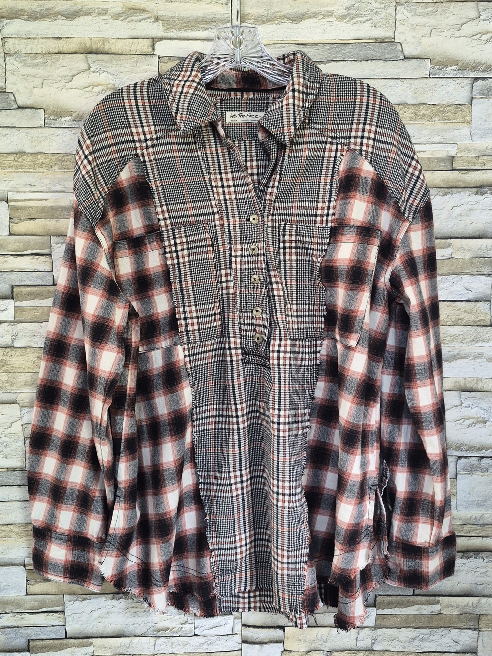 ​Free People We The Free Shacket Women's M Grey Pink Plaid Patchwork Cabincore